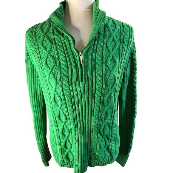 Chaps vintage green cable knit 3/4 gold zip mock turtleneck sweater size M - Picture 9 of 12